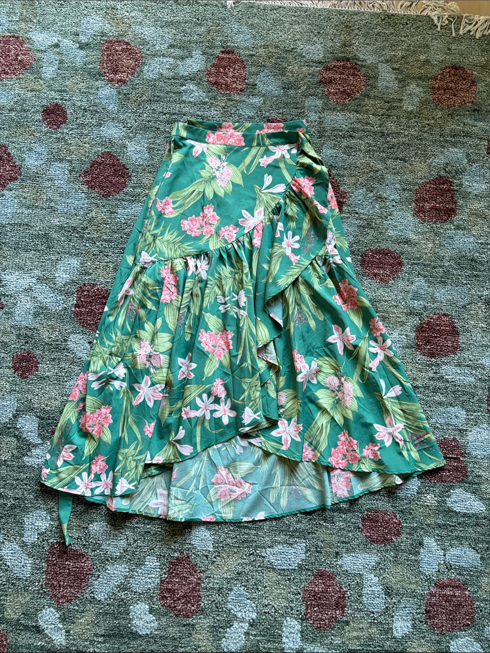 Lulu's Green Floral High-Low flutter Wrap Skirt with Pink Blossoms